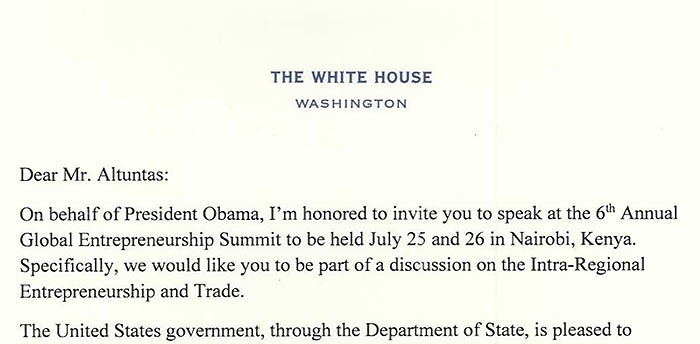 Official White House letter inviting Baybars to give speech at the Global Entrepreneurship Summit in Kenya